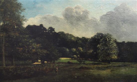 Georgina De LAubiniere (1848-1930) Figures in a wooded landscape 16 x 25.5in.